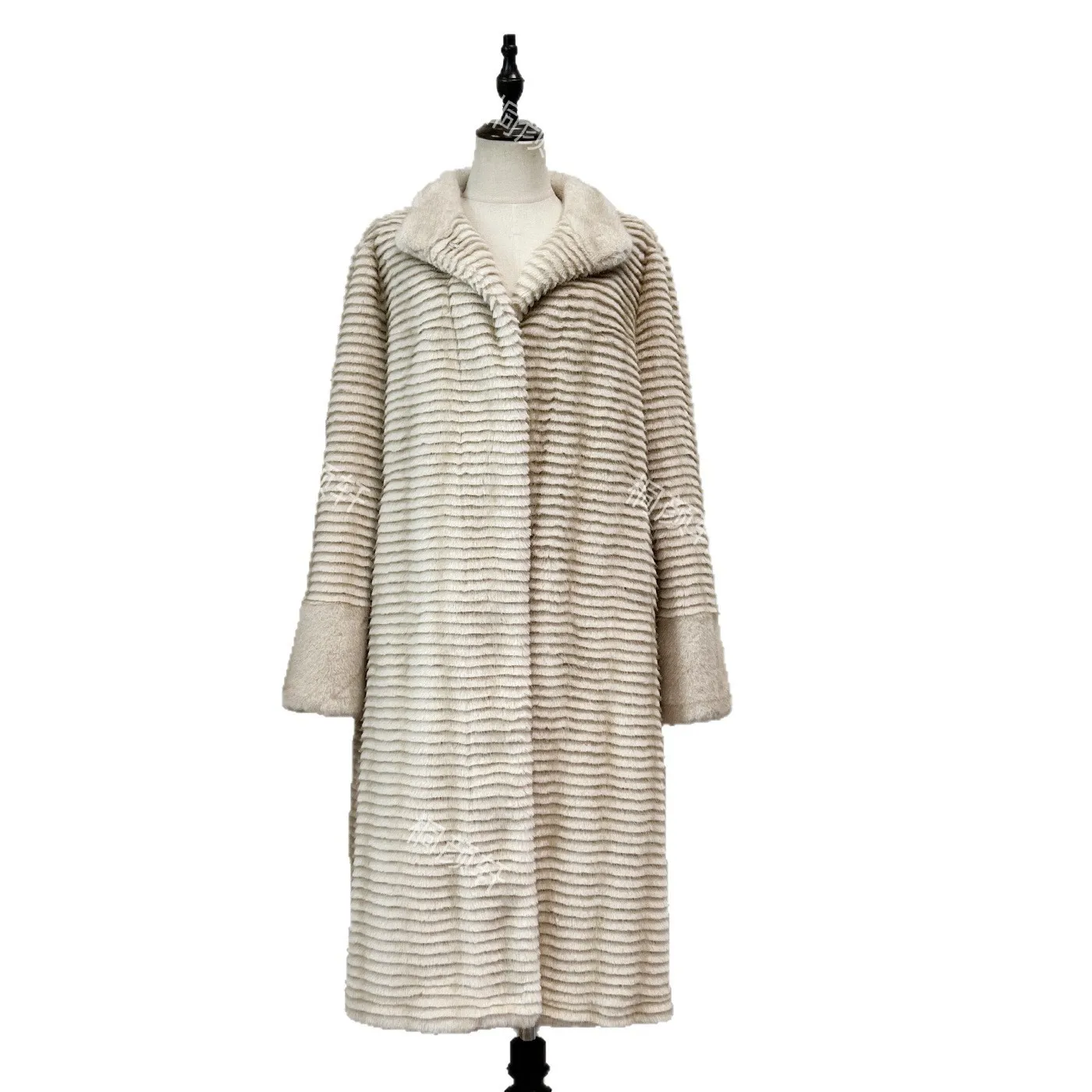 Flocked Striped Coat with Straight Cut Elegant Temperament Extra Long Length Literary Retro Regular Sleeve Autumn Women Coat