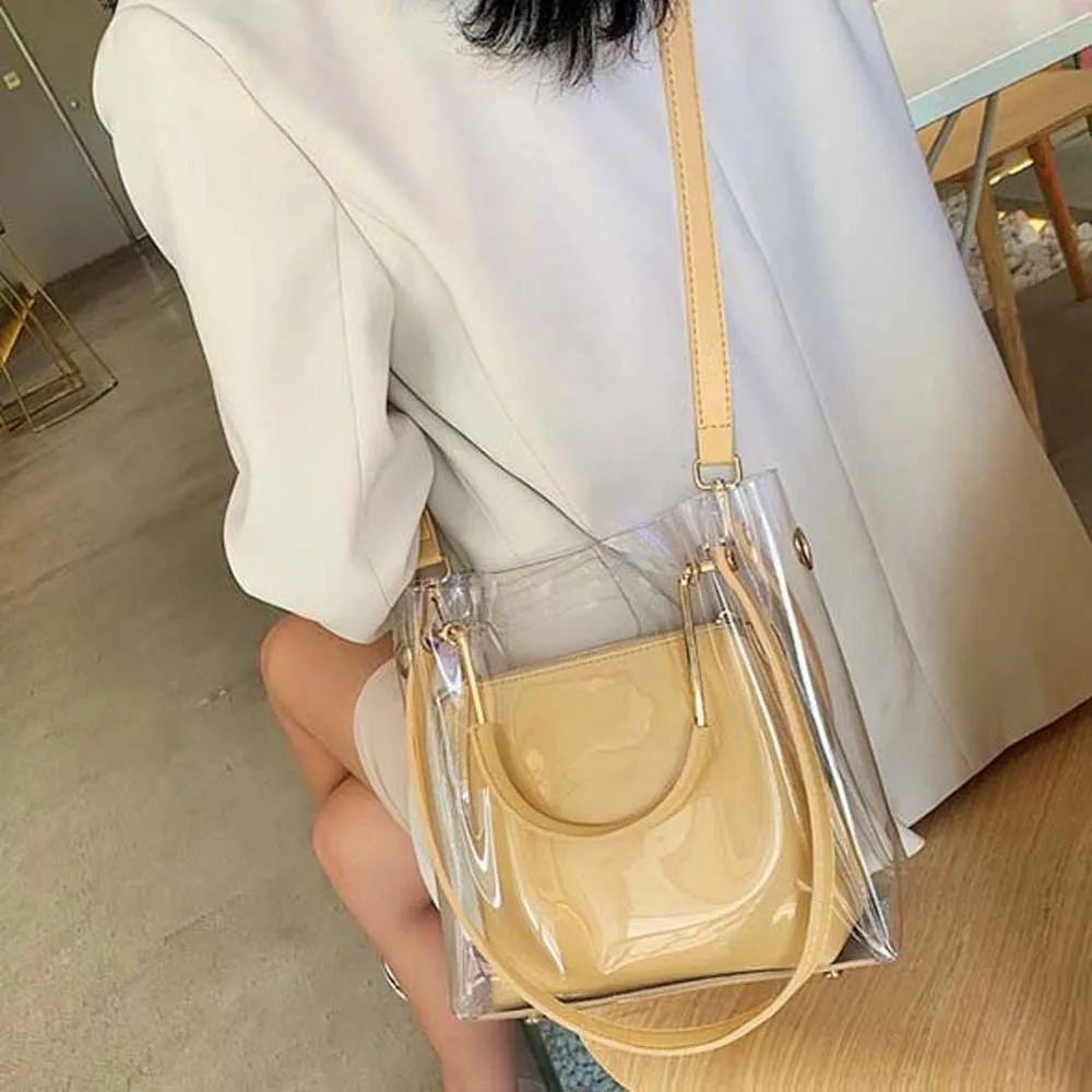 Candy Color Composite Clear Bag 2pcs Set Waterproof Jelly Handbag See-Through Lightweight PVC Mini Tote Daily Commute