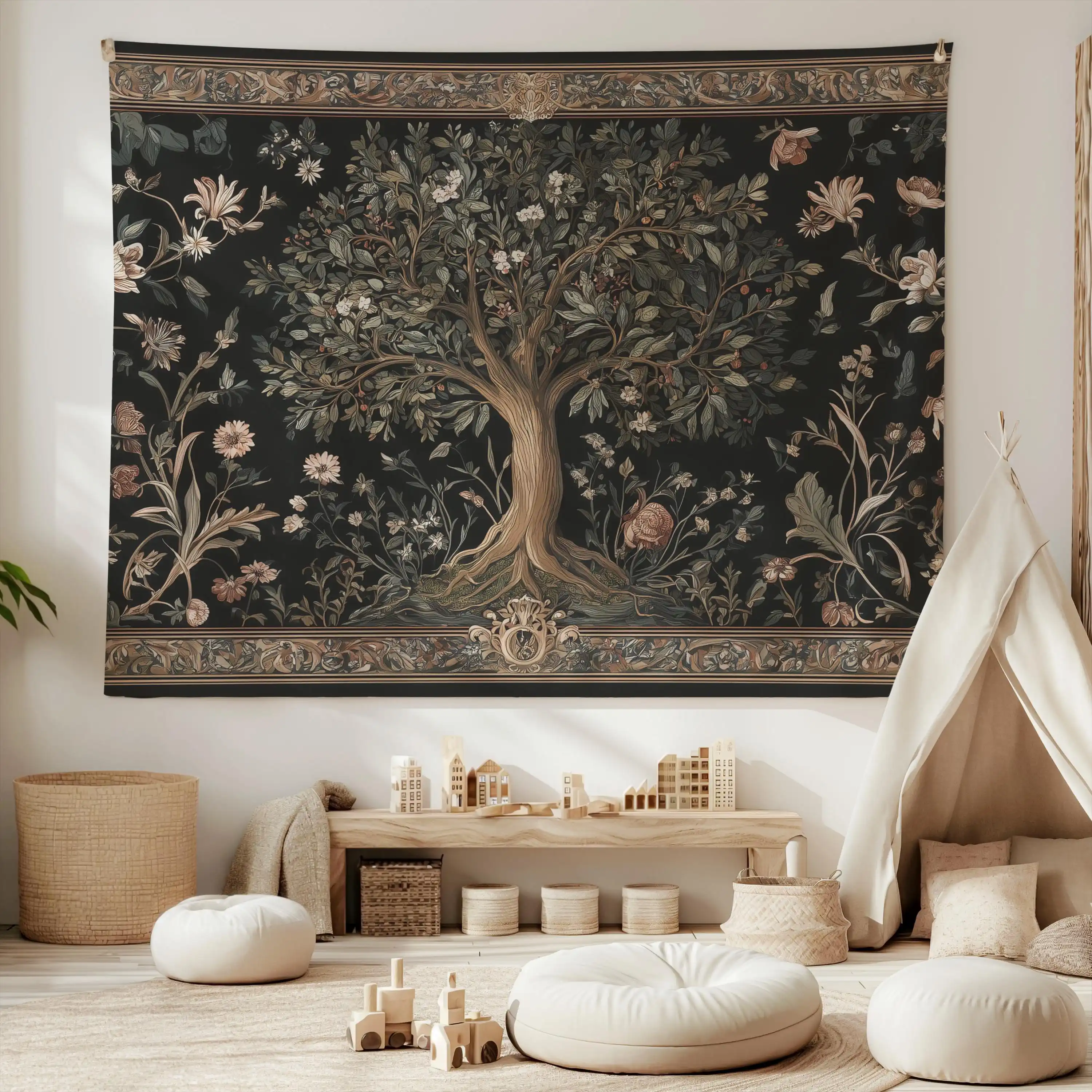 Oak Tree Medieval Tapestry, Vintage Nature Castle Wall Hanging, Cottagecore Wildflowers High Fantasy Decor