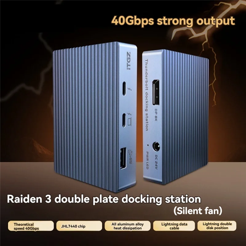 ITGZ 40Gbps Dual-Bay Thunderbolt SSD Case Docking Station M.2 NVME 2280 SSD Enclosure DP8K@30Hz USB3.1 Gen2 Dock Station US Plug