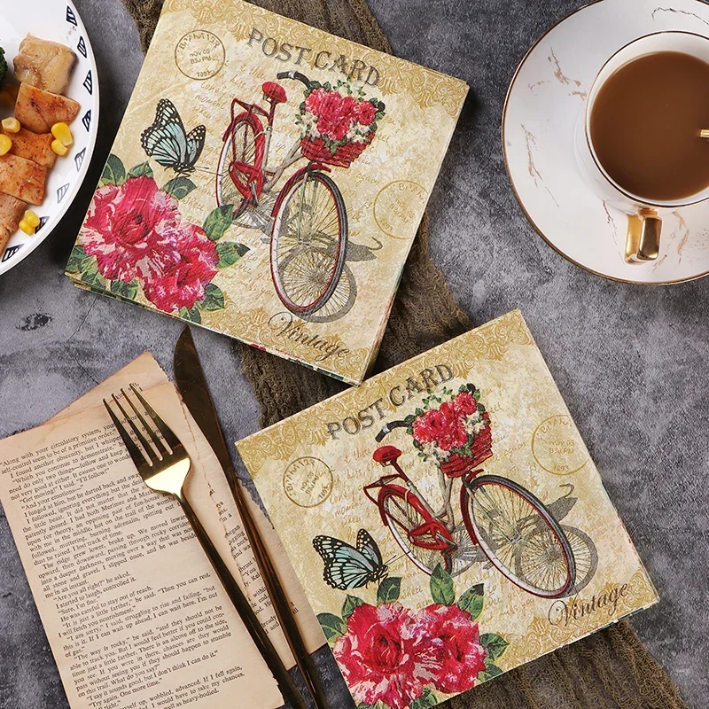 Retro European Bicycle Printing Napkins Colorful Paper Towels Pure Wood Pulp Paper Western Restaurants and Hotels with Paper 33