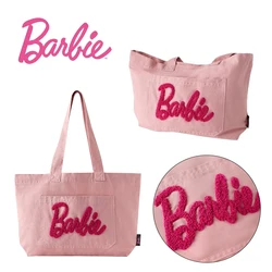 Barbie Canvas Bags Women Tote Bag Cartoon Reusable Shopping Bag Large Capacity Storage Bag Embroidery Female Shoulder Handbag