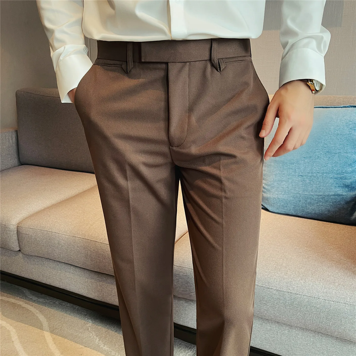 Men's Slim-Fit Wrinkle-Free Dress Pants – Drapey Business Casual Trousers with Stylish Pocket Detail for Office & Daily Wear