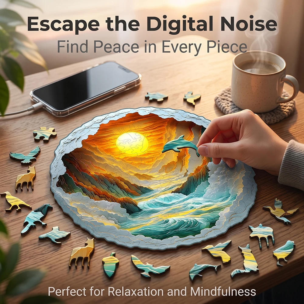Round Layered Canyon Sunrise Wooden Puzzle Laser Cut Special Silhouette Fragments Challenging Brain Teaser Parent-child Leisure Toy Scenery Art Gift For Puzzle Lovers