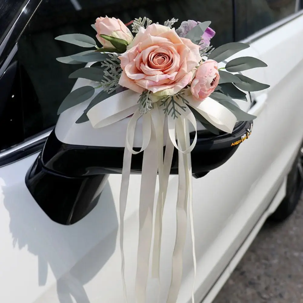 Creative Romantic Wedding Car Floral Ribbon Bridal Wedding Bow Decoration Flower Artificial Roses Ceremony Party Decor