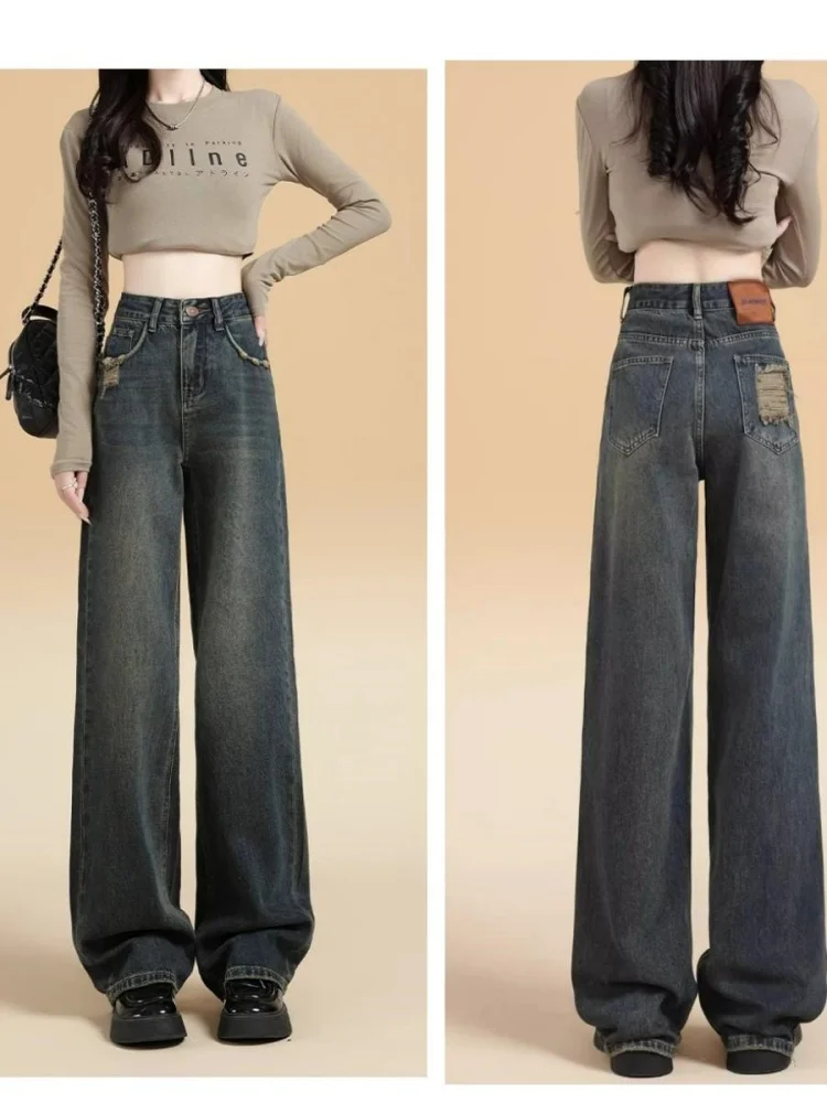 ارتفاع الخصر واسعة الساق الجينز المرأة فضفاضة تناسب المسيل للدموع تصميم مستقيم قطع الجينز الرجعية Sle لباس غير رسمي نسيج عالي الجودة #4