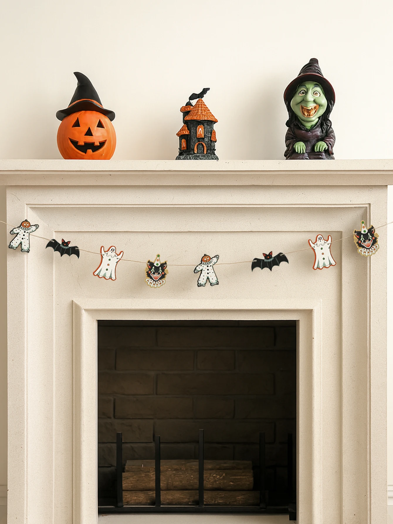 1pc Cute Halloween Garland Banner Wooden Black Cat, Ghost, Pumpkin & Bat Shape Wall Hanging Decor for Home Party and Fireplace