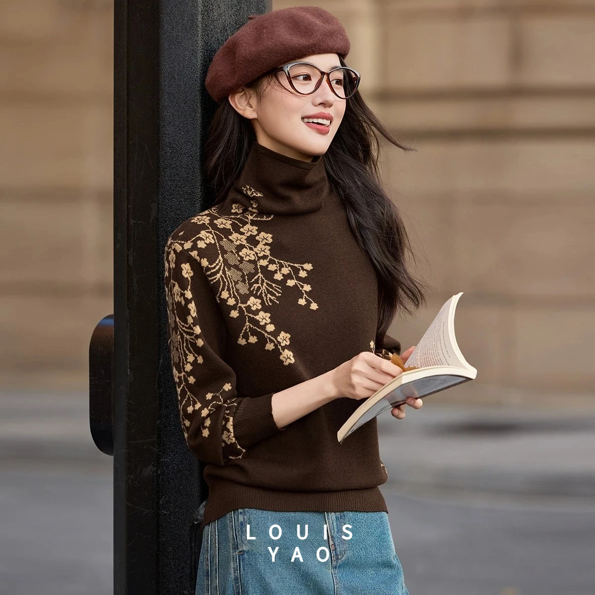 

LOUISYAO Poise Jacquard Knitted Sweater 2025 Autumn/Winter Vintage High-Neck Knit Top Outerwear-Style Women's Knitwear