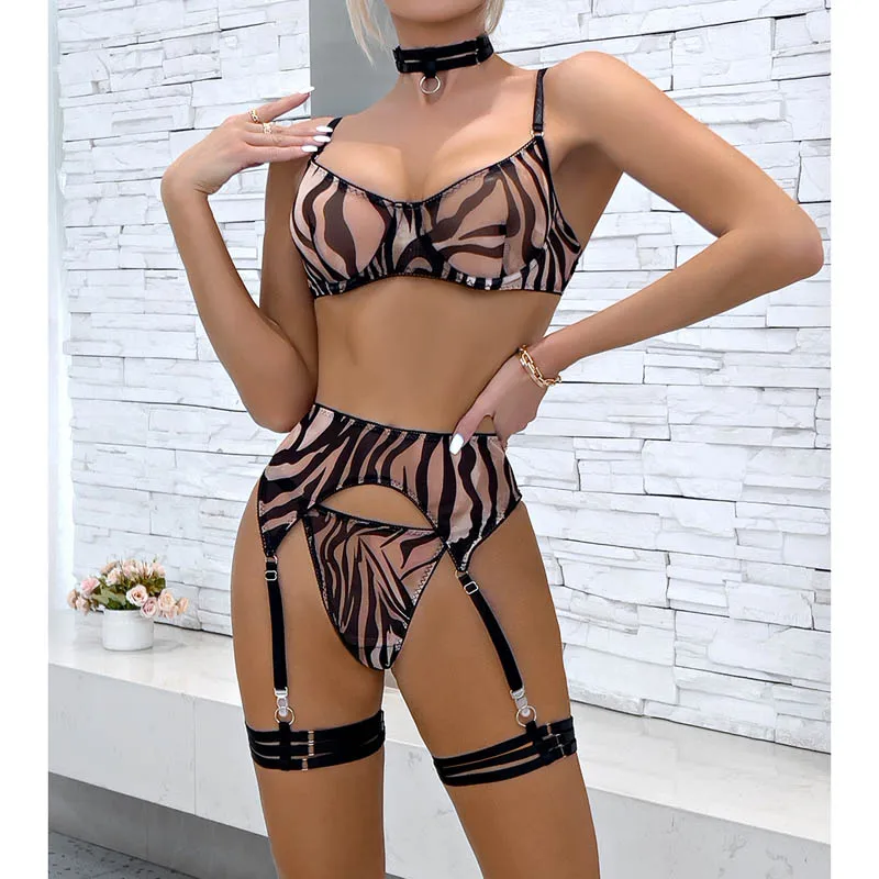 Perspektive sexy Zebra Dessous Set erotische Dessous für Frauen Sexi Mesh Unterwäsche 4-teiliges Set