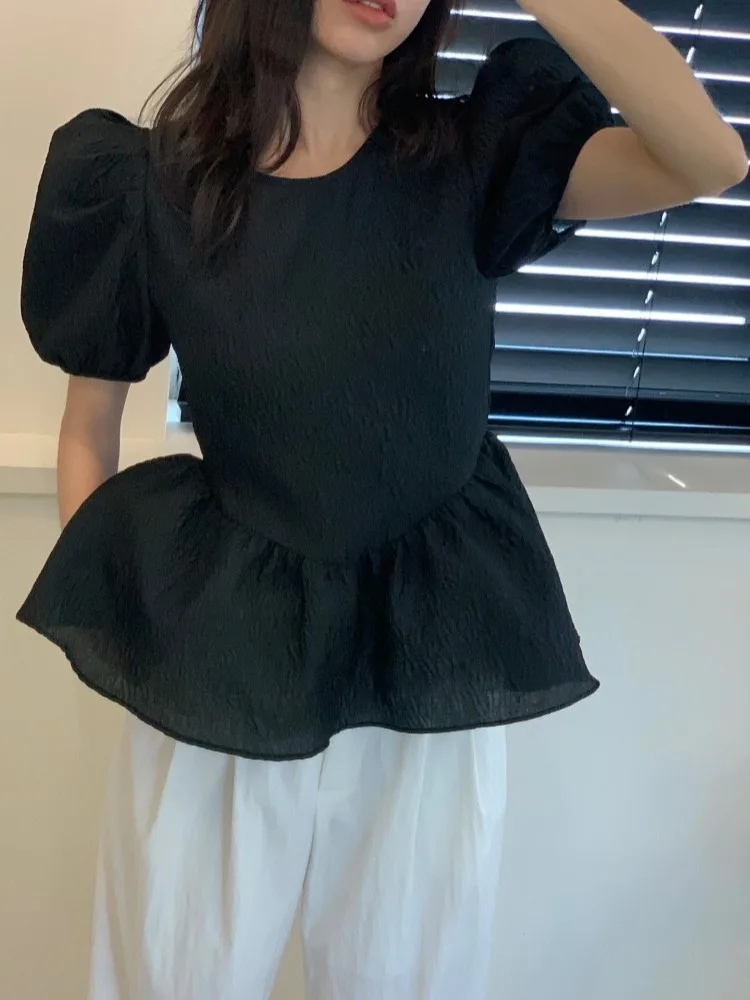 

Retro Lantern Sve irt Women Chic Texture Waist Cinching Slimming Blouse Sweet Youthful round Ne ort Sve Casual irt