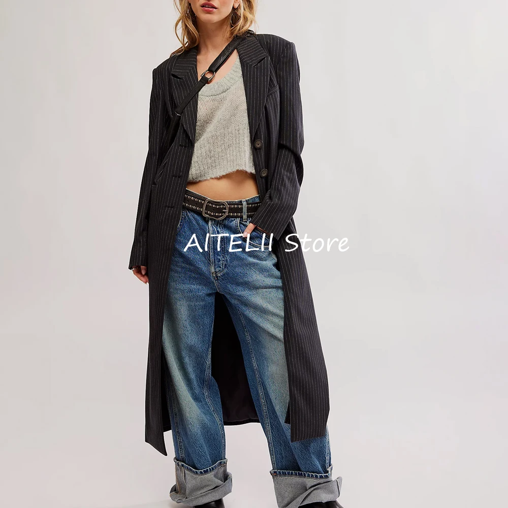 

Women's Striped Long Coat New in Jackets & Coats Women Elegant Jackets for Lady Top Clothes Outerwear Overcoat Mantel Outerwears