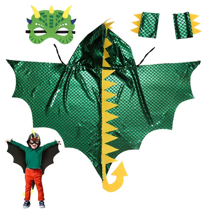 31-12Y Uni Kids Dinosaur Cape with Tail Masked Cloak for Role Play Costume Halloween Party Performance Dress Up Pretend Play