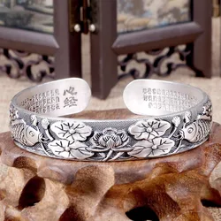 Silver 925 Retro Exquisitely carved Lotus flower bracelet for women Chinese Style Charm Lotus Leaf Heart Sutra bangles Jewelry