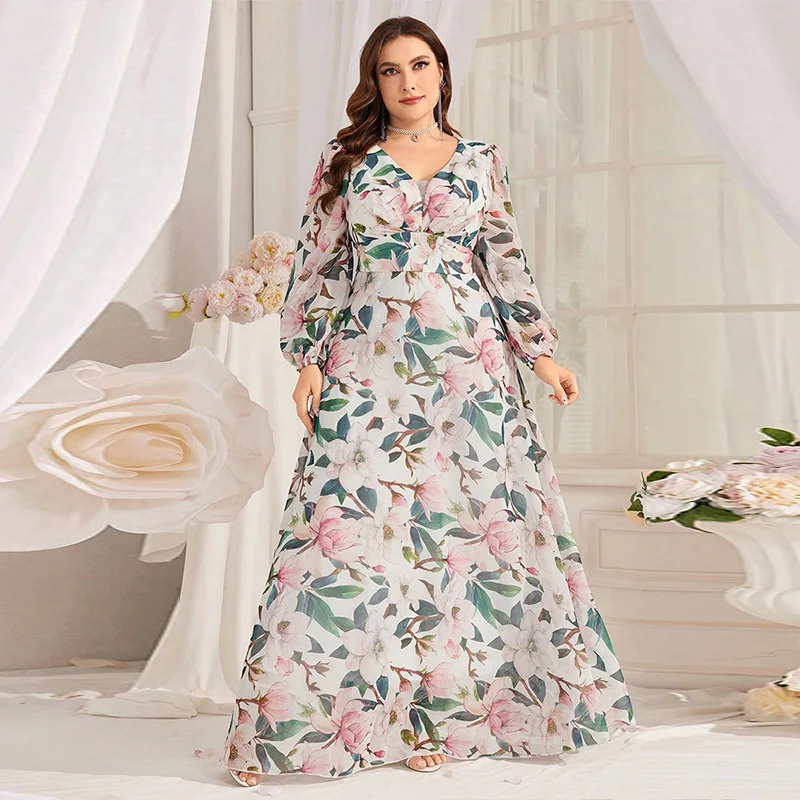 

KYP053 Большой размер, весна-лето, шифоновое бальное платье с принтом Dr Mom, длинная юбка-трапеция све, растительный цветочный узор, материал из искусственной кожи