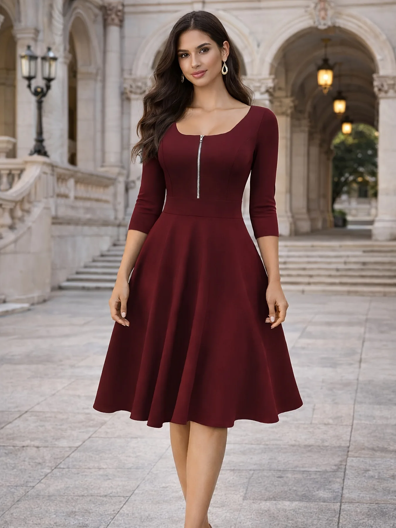 

Slim-Fitting Front Zip Square-Neck Dress 2026 High-Waisted A-Line Style with Three-Quarter Sleeve New Fashion Women's Clothing
