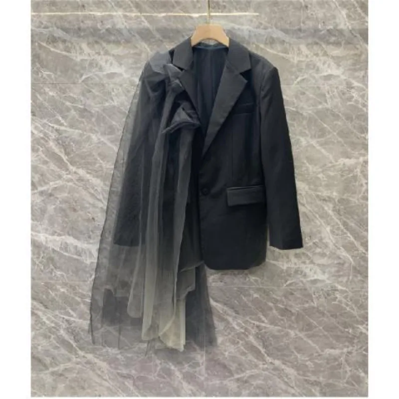 

2026 Spring Autumn New Suit Coat Women's Blazers Loose Splicing Mesh Casual Black Small Suit Top