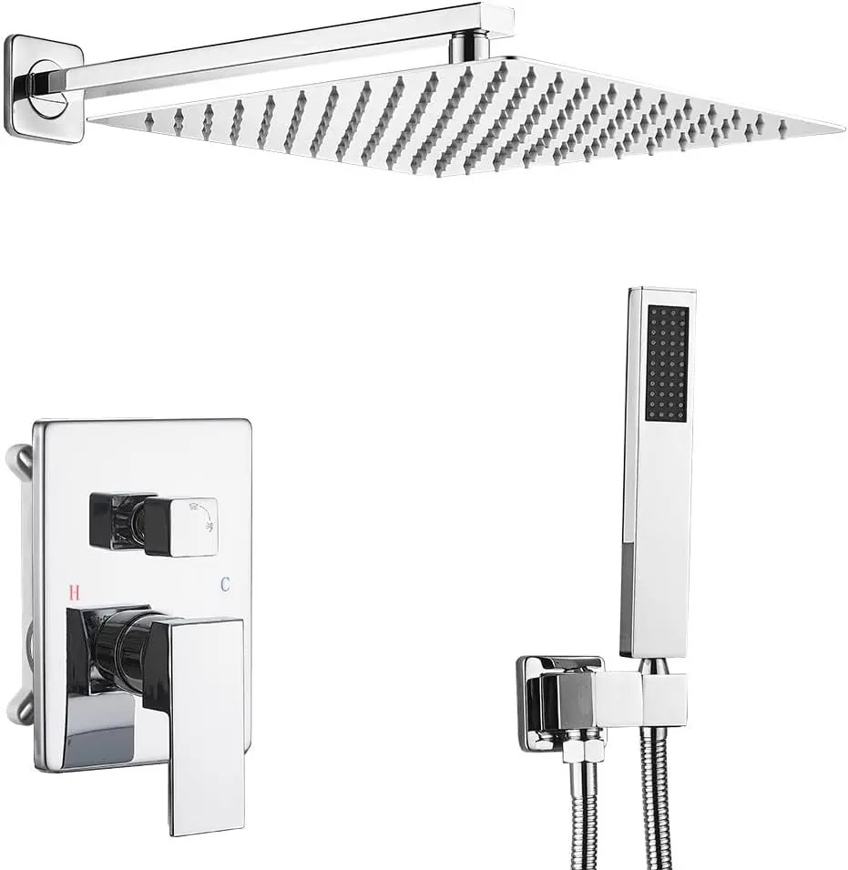

Polished Chrome Shower System 12 Inch Bathroom Luxury Rain Mixer Shower Combo Set Wall Mounted Rainfall Shower Head