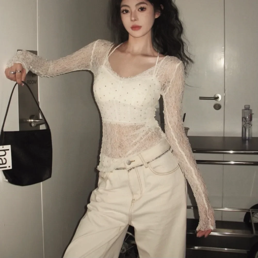 Damen-T-Shirts, Allgleiches, durchsichtig, sexy, langärmelig, V-Ausschnitt, Spitze, schlankmachend, amerikanischer Stil, auffällig, atmungsaktiv, würzige Mädchen, Y2k-Chic