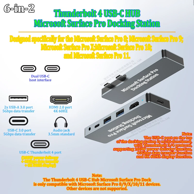 Surface Pro 11/10/X/9/8 ハブ（4K HDMI、Thunderbolt 4（8K