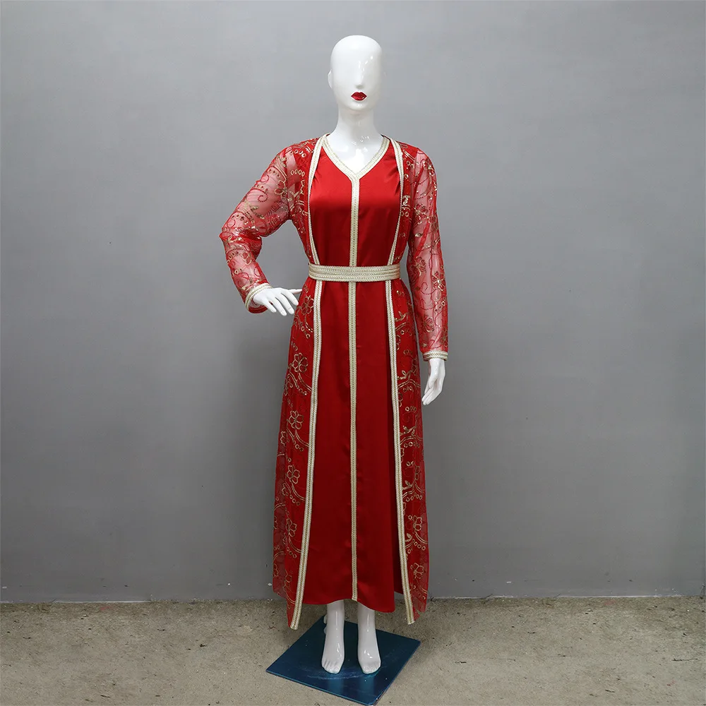 Nahen Osten Arabischen Muslimischen Anzug Kleid Frühling Neue Pailletten Gurtband Robe Abaya Hohe Taille Lange Lose Maxi