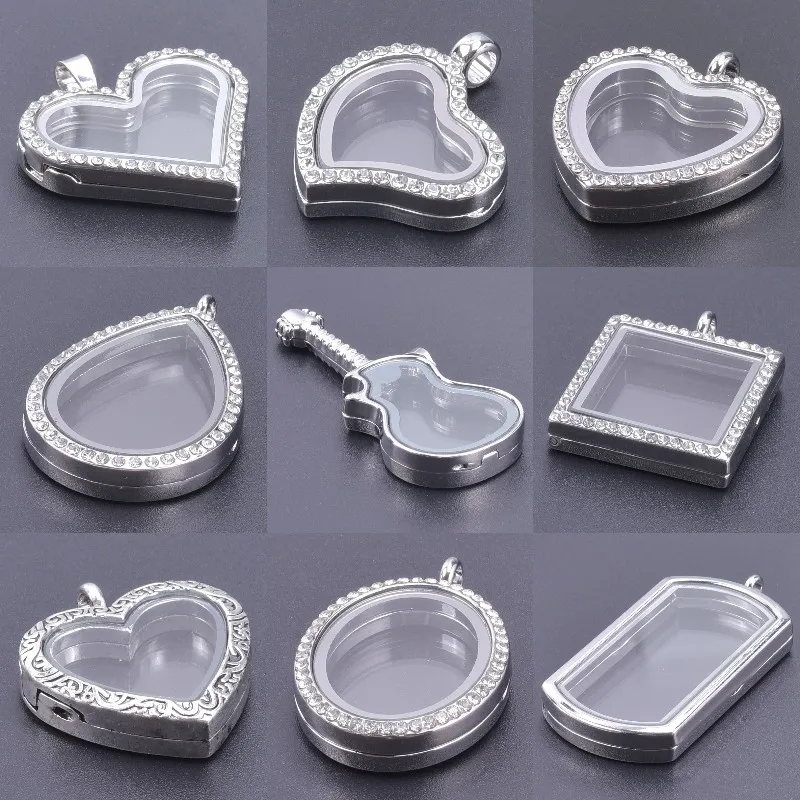 10Pcs/Lot Trendy Heart Medaillon Locket Pendant Romantic Couple Love Glass Geometric Living Glass Relicario Colgantes Jewelry