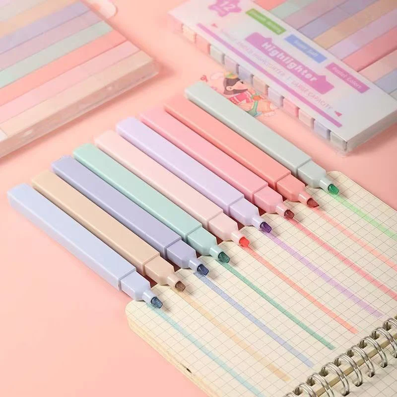 12Pcs Fluorescent Highlighter Pens Single/Double Headed Pastel Kawaii Colored Markers Pens School Office Supplies Stationery