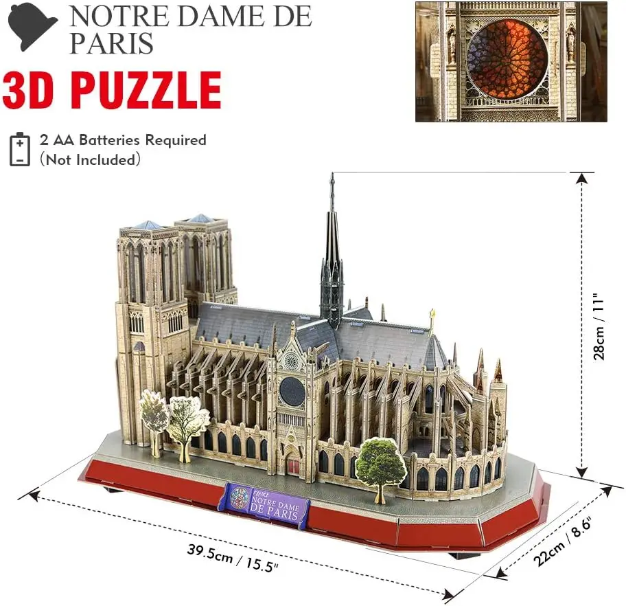 3D Puzzle for Adults LED Notre Dame de Paris Architecture Lighting Decoration Building Model Kit Cathedral Craft Kits Toys