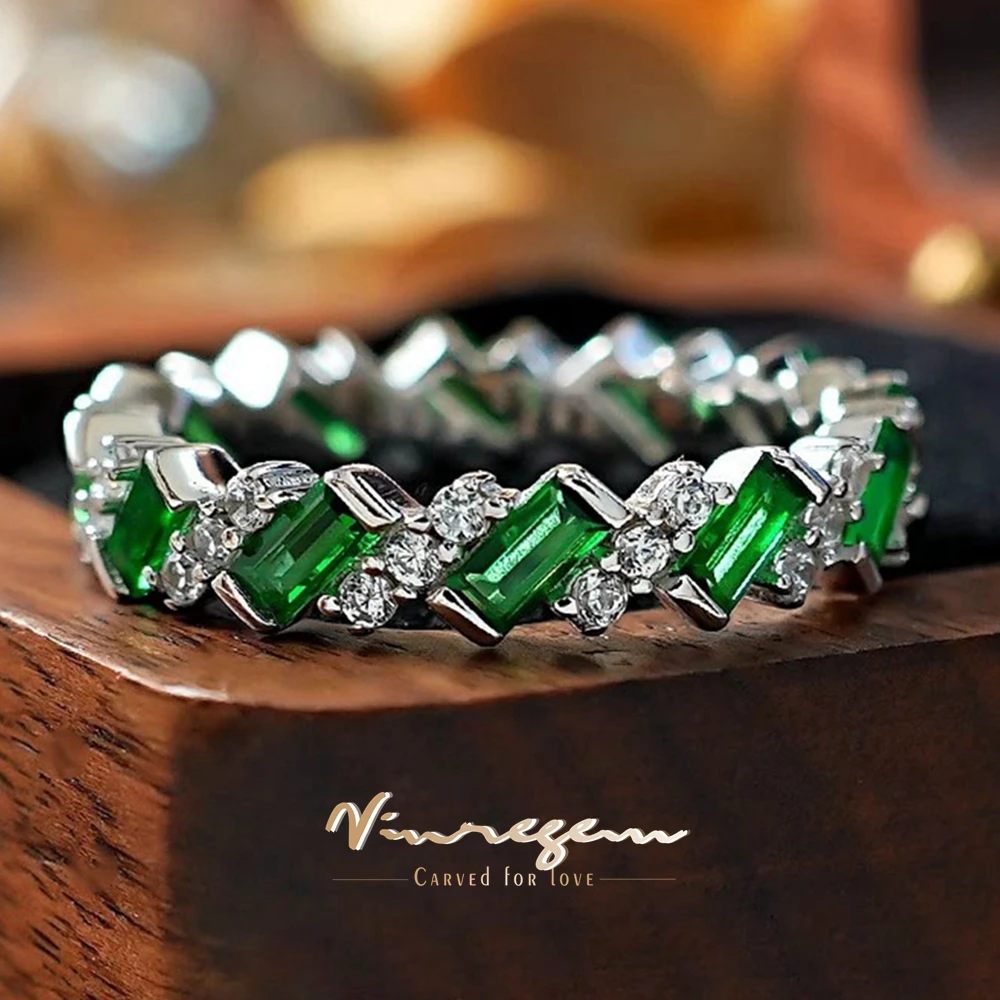 Vinregem 2*4 MM Emerald High Carbon Diamond Gemstone 925 Sterling Silver Wedding Party Row Rings Fine Jewelry Band Wholesale