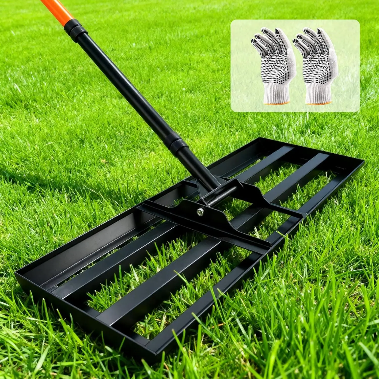

Heavy Duty Lawn Leveling Rake with Adjustable Handle, Curved Edge for Soil, Sand, Dirt in Garden, Golf Course