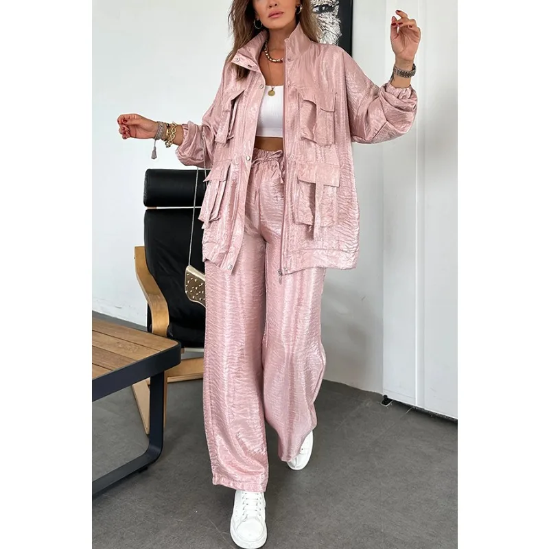 Completo Donna Primavera Autunno Due Pezzi Giacca a Maniche Lunghe Pantaloni a Gamba Dritta Tinta Unita alla Moda con Tasche Casual con Zip e Bottoni