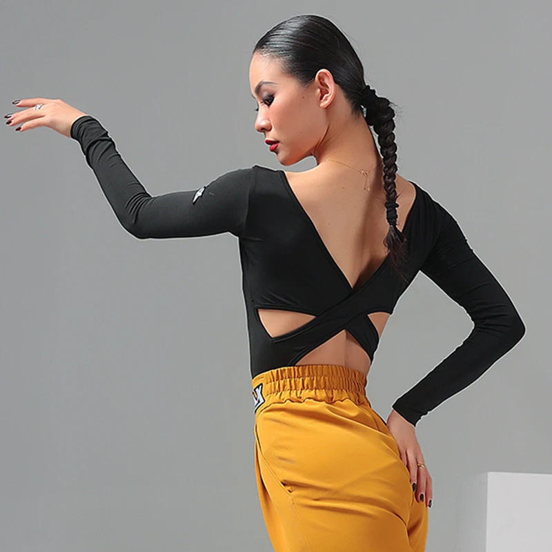 Adult Female Latin Dance Practice Wear Sexy Backless Black Long Sleeve Tops ChaCha Dancewear Rumba Samba Dancing Clothes YS4485