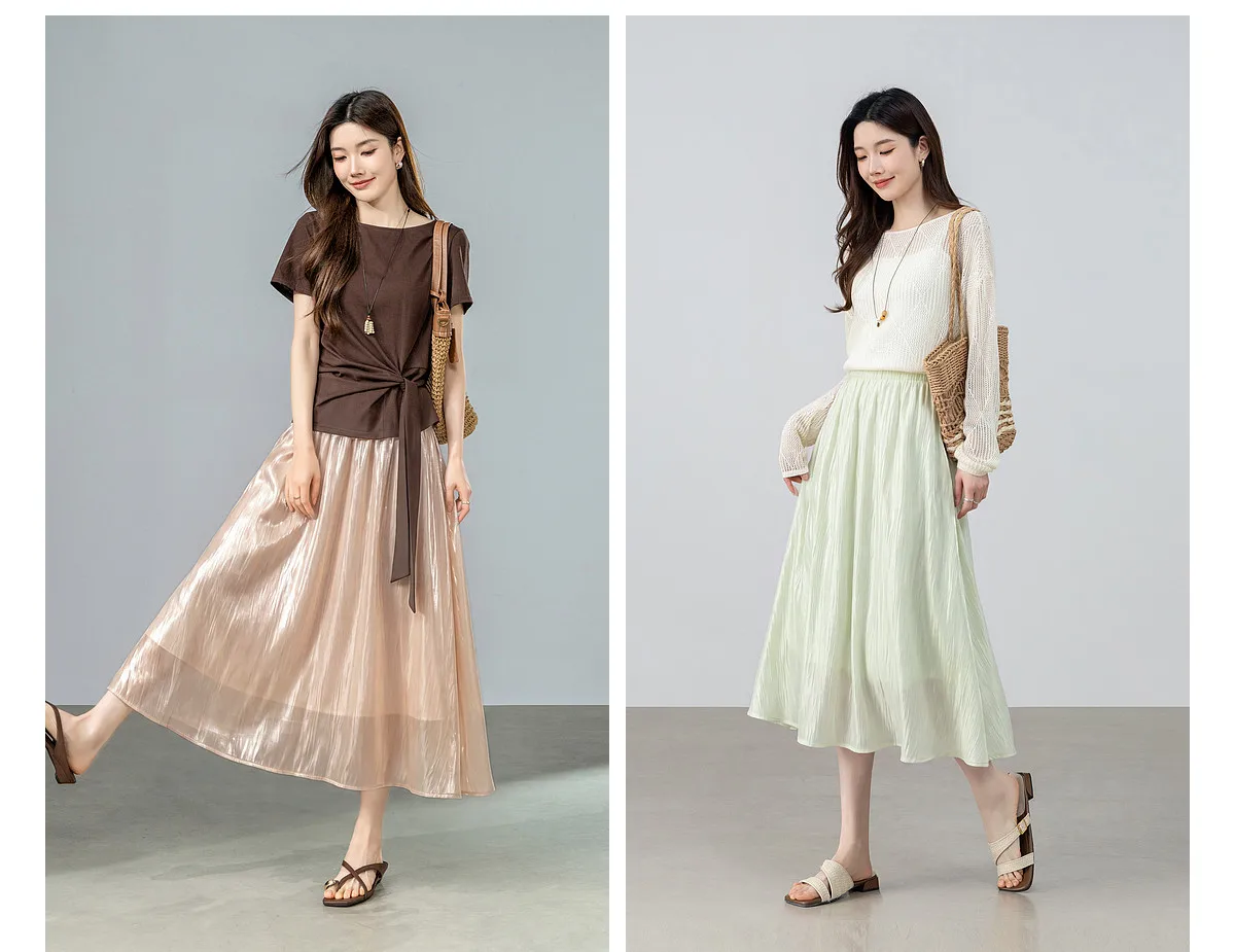 SENTUBILA Eleganter Satin-Plissee-Midirock für Damen, Sommer 2026, elastische Taille, glänzende Textur, fließender Rock für den Alltag 162QG6653 – Detail 8