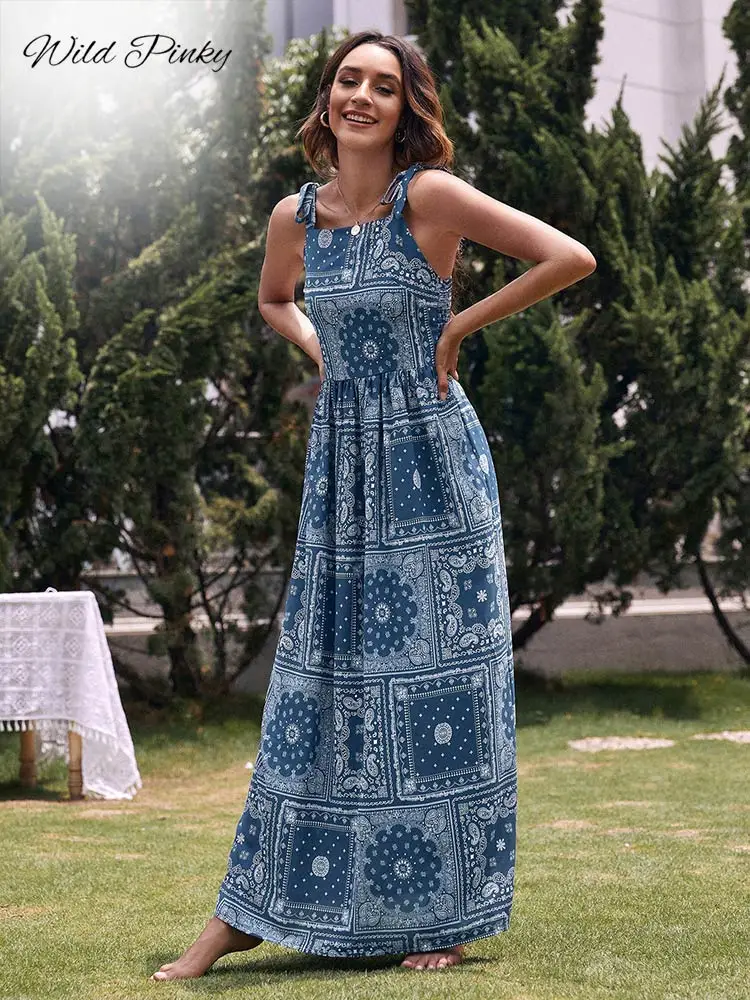 

WildPinky New Bohemian Strap Tie Up Women Summer Dress A-line Print Beach Long Dresses Holiday Blue Female Sleeveless Dresses