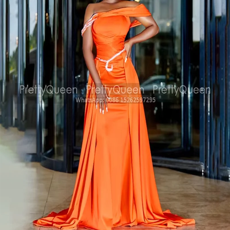 

Customized Off Shoulder Prom Dresses Mermaid Waistline Cap Appliques Orange Long Sheath Wedding Party Dress For Women