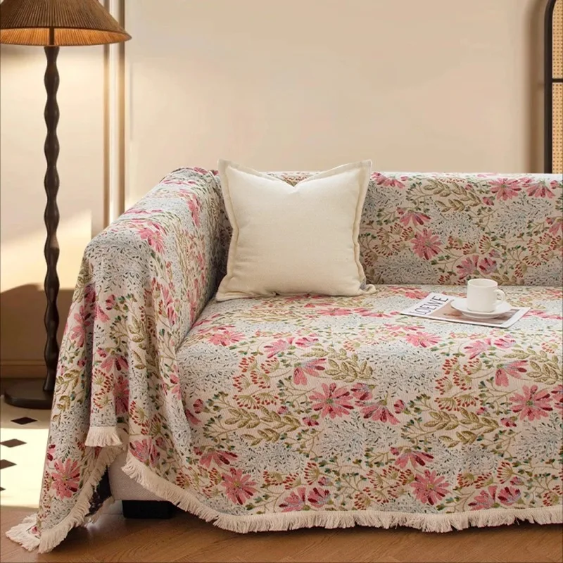 French retro style sofa scarf pink flower jacquard one-piece sofa cover with beige tassel sofa throw