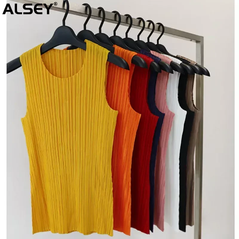 Miyake Pleated Female Round Neck Tank Harajuku Vintage Stretch Tops Summer New Casual Temperament Simple Versatile T-Shirt