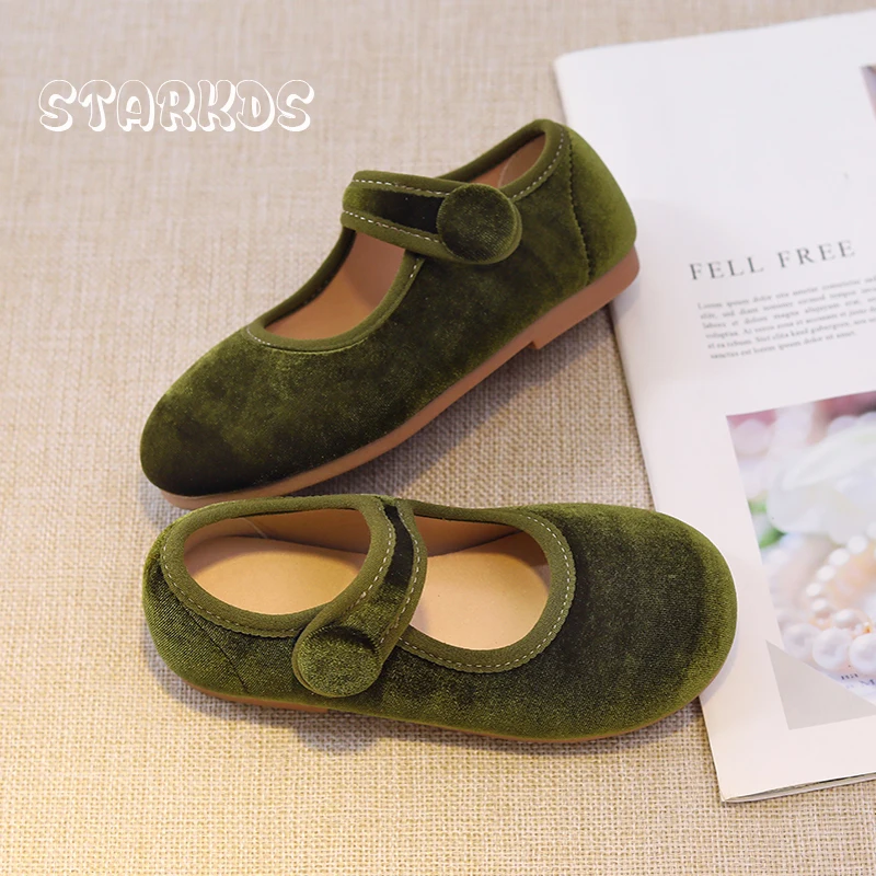 Leuke Perzik Roze Fluwelen Schoenen Meisjes Vintage Green Velour Ballet Flats Baby Kids Voorjaar Nieuwe Zachte Zool Luxe Mary Janes