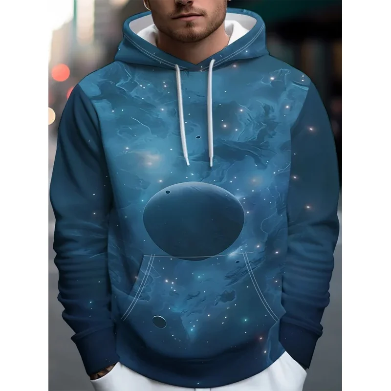 Men Blue Planet Starry Space 3D Print Hoodie Galaxy Cosmic Graphic Casual Long Sleeve Hooded Sweatshirt