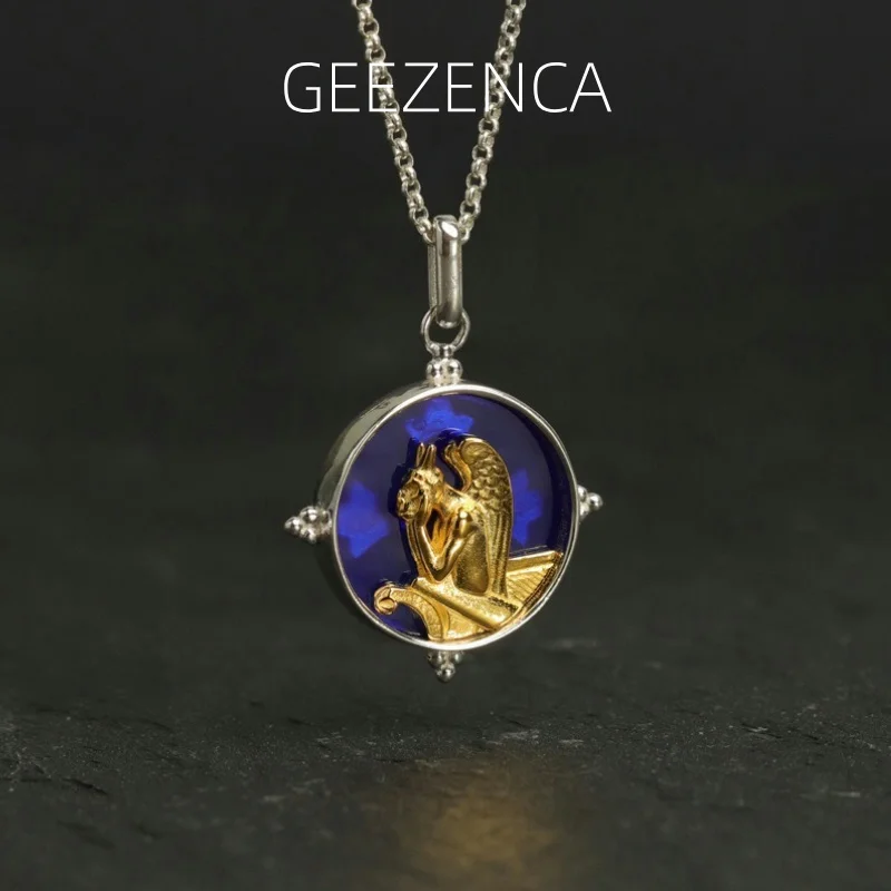 

GEEZENCA 925 Silver Blue Glass Round Pendant For Women Monster Stryge of Notre Dame Cathedral Unique Necklace Pendants No Chain