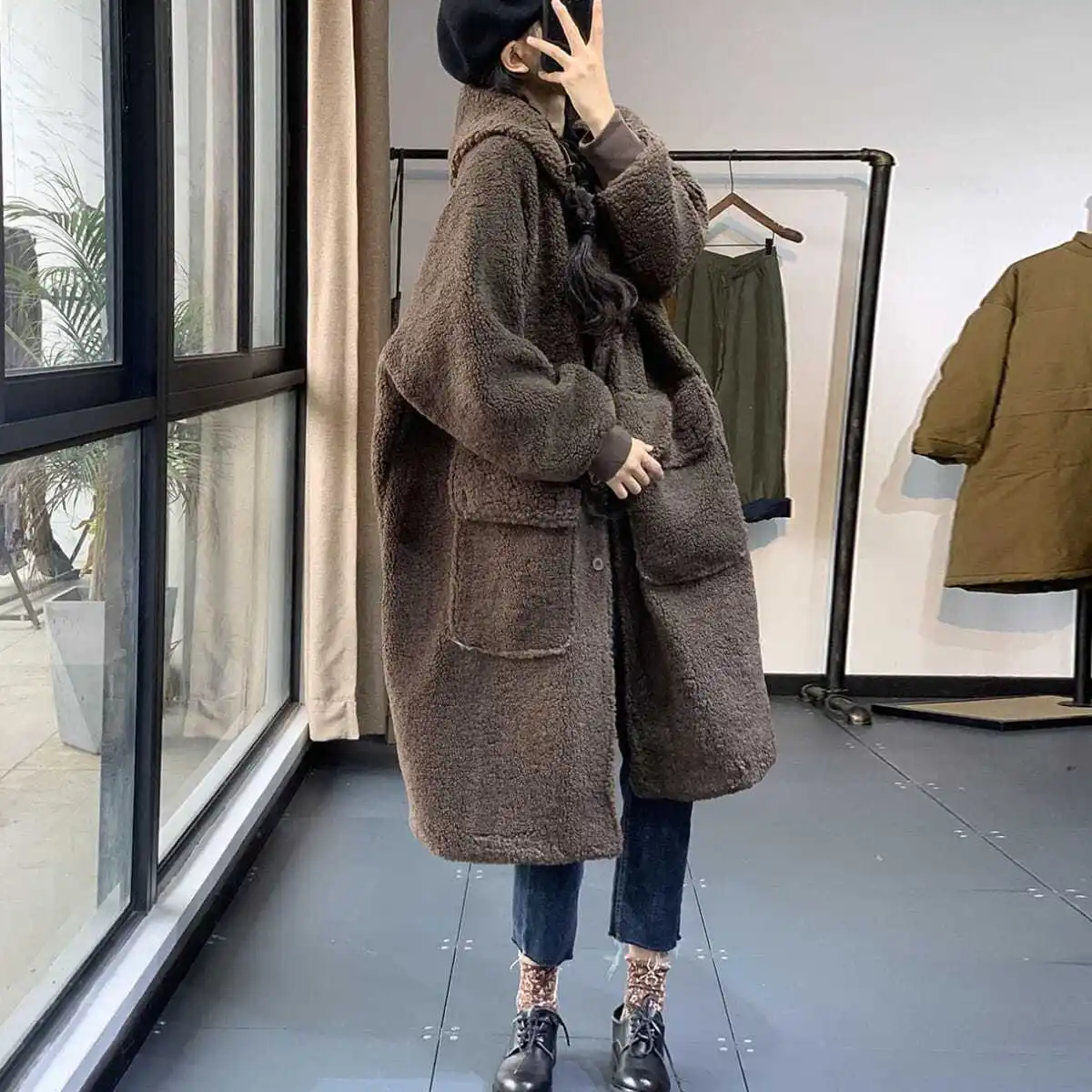 

Ladies plus Size Faionable Artistic Thiened Lamb Velvet Long Coat Autumn Winter Casual Loose Outerwear Hooded Jaet