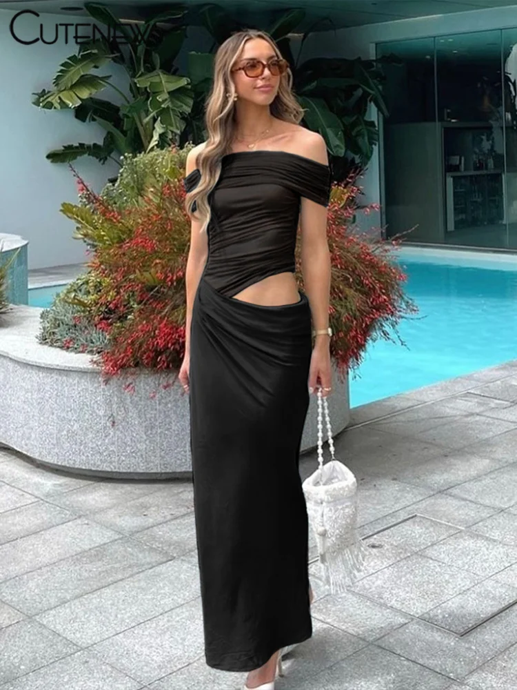 Cutenew Elegant Mesh Patchwork Dresses Women Solid Off Shoulder See Through Waistless Slim Maxi Vestidos Mujer High Street Robe
