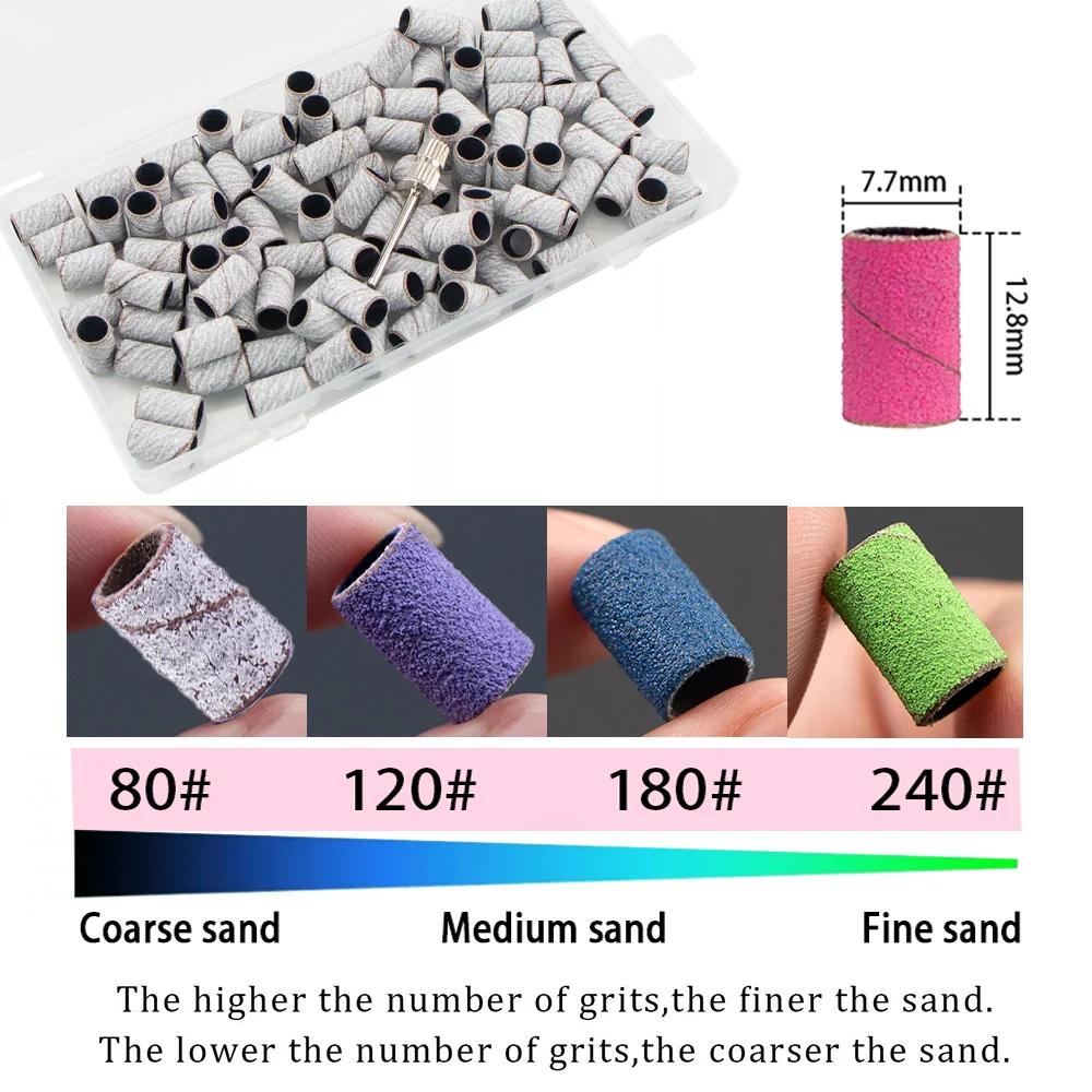 100 قطعة الرملي العصابات مع 1 قطعة رمح معدني مجموعة مسمار لقمة ثقب العناية بالقدم تلميع مانيكير جل مزيل طلاء الأظافر أدوات القاطع