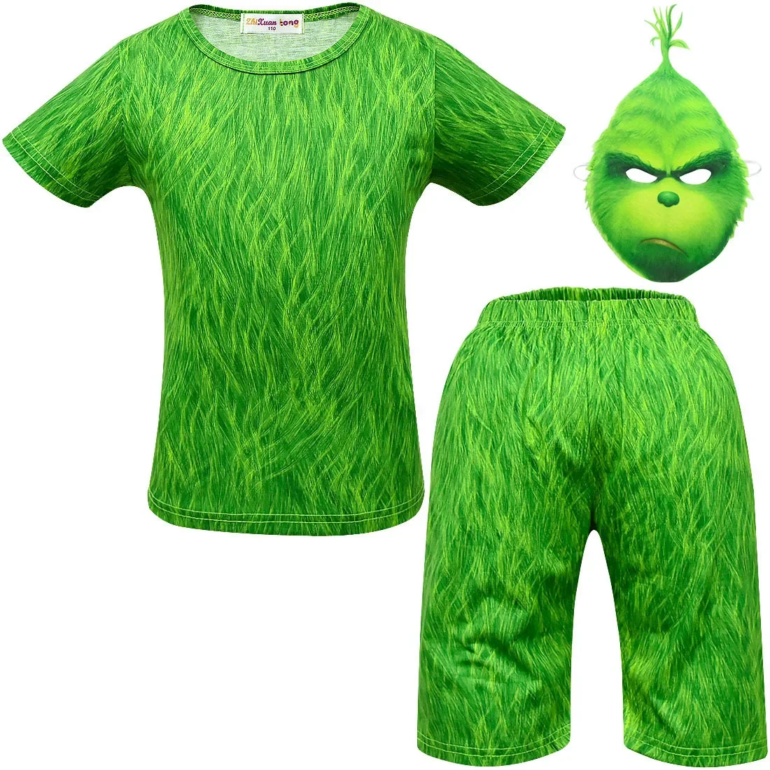 Kids Anime Cartoon Green Santa Short Sleeves T Shirt Top Shorts Mask Set Outfit for Boys Christmas Halloween Cosplay Costume