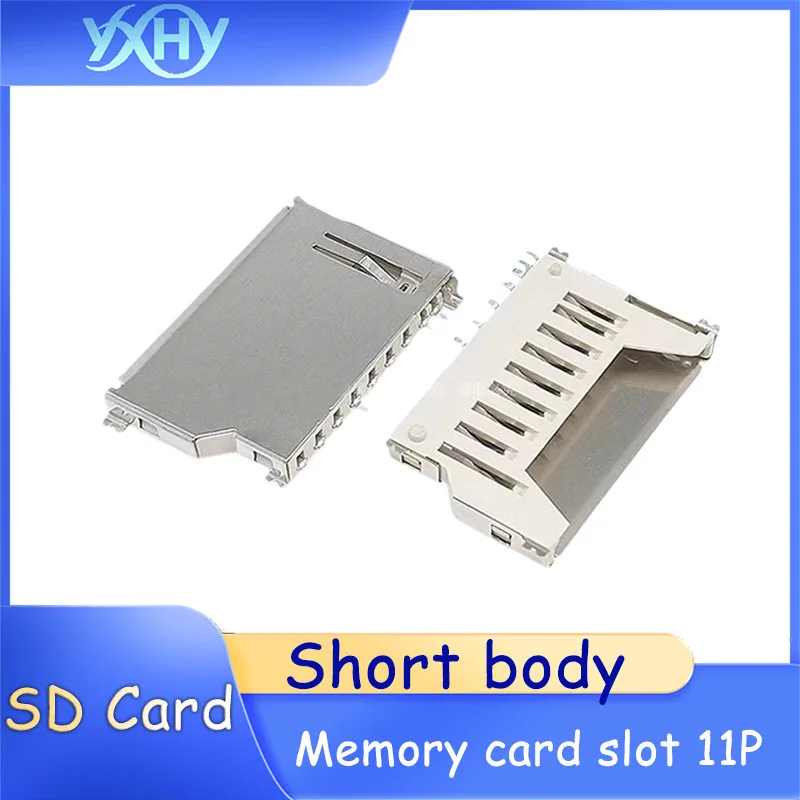 

SD memory card slot, short body 11P with positioning column, PUSH type, through-hole contacts, copper and iron casing