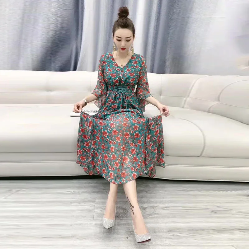 

2023 Summer V-neck Elastic Waist Chiffon Sleeve Dress Women Women Clothing Party Dresses Vestido Dress