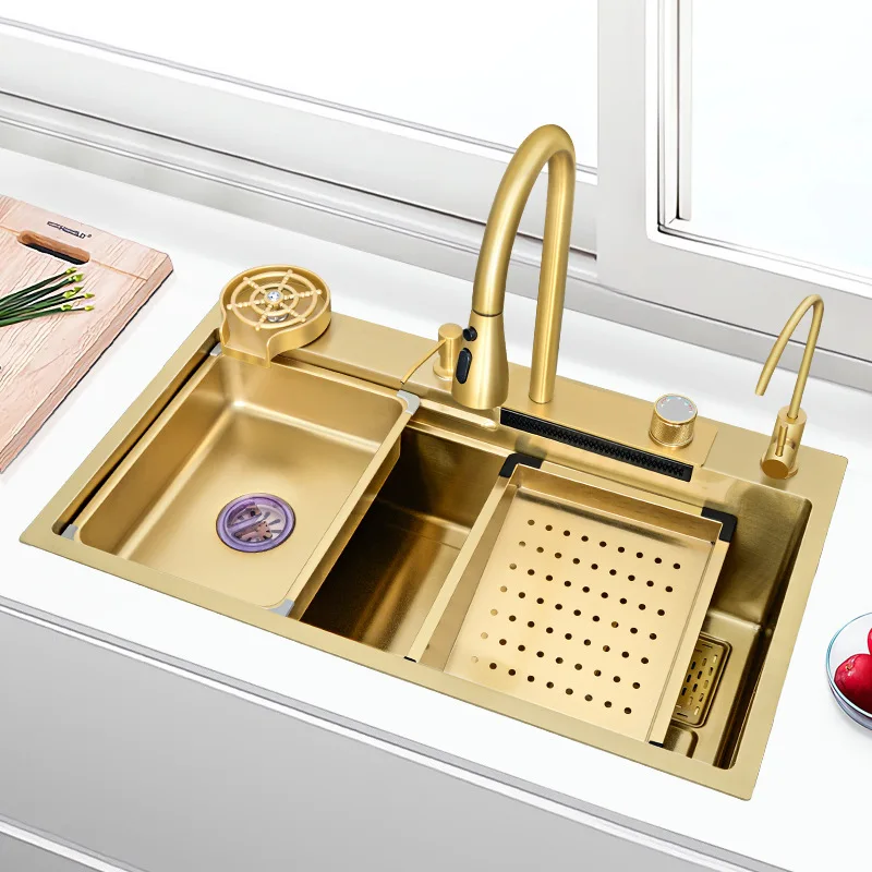 

Waterfall Kitchen Sink Gold Nano 304 Stainless Steel Sink Large Single Bowl Modern Multifuctional Washbasin