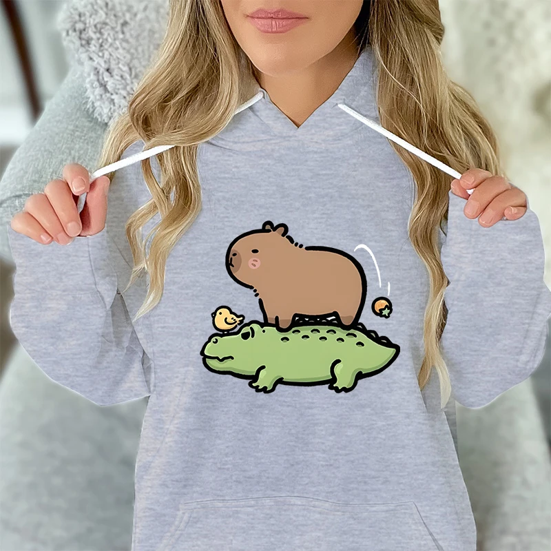 Cute Capybara and Crocodile Graphic Hoodie Women Capybara Sweatshirts Kawaii Cartoon Fashion Hoodies Cartoon Animal Hooded Shirt