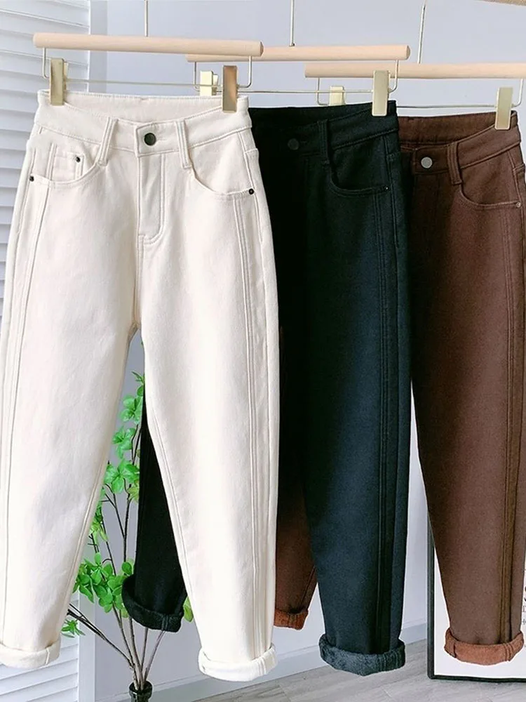Vintage High Waisted Thick Denim Pants Women's Casual Streetwear Ankle-length Jeans Plush Straight Retro Fashion Harem Vaqueros