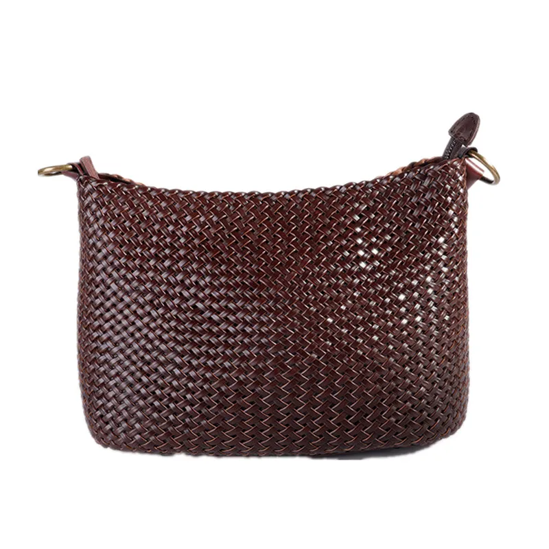 Ethnic style retro first layer cowhide woven women\'s bag imitation rattan large-capacity casual one-shoulder leather woven bag