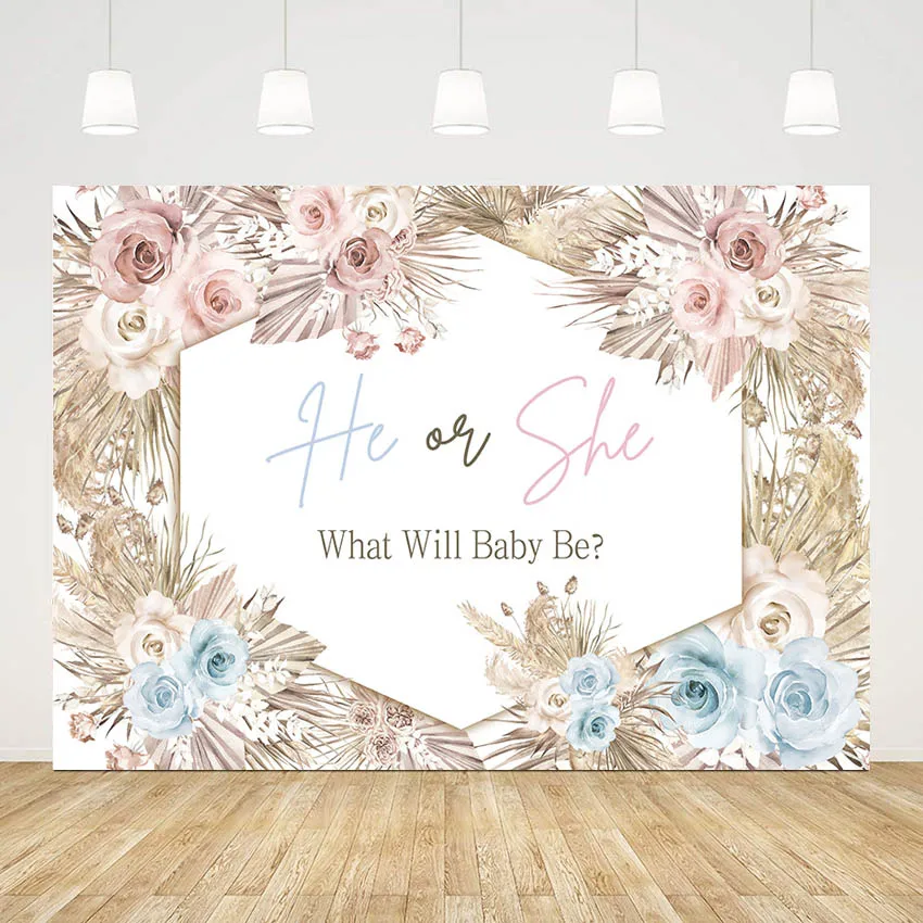 

Mehofond Boho Floral Grass Gender Reveal Background for He or She Pink Blue Party Photography Backdrops Studio Photo Photozone